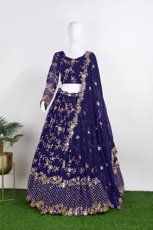Appealing Darkblue Color Designer Georgette Sequins Embroidered Lehenga Choli With Fancy Net Dupatta