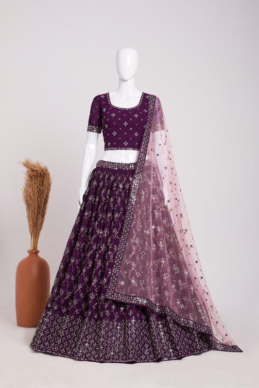 Attractive Purple Color Georgette Embroidery Work Lehenga Choli