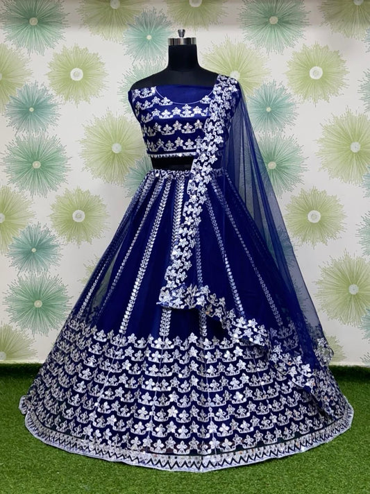 Pleasing Dark Blue Color Georgette Lehenga Choli With Embroidery Work