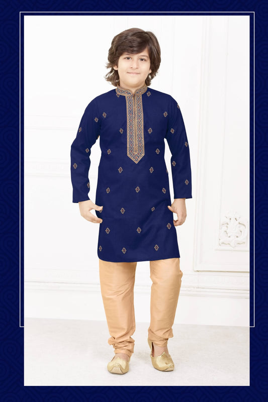 Charming Navy Blue Color Poly Cotton Embroidery Kurta Set With Pajama Pant For Kids