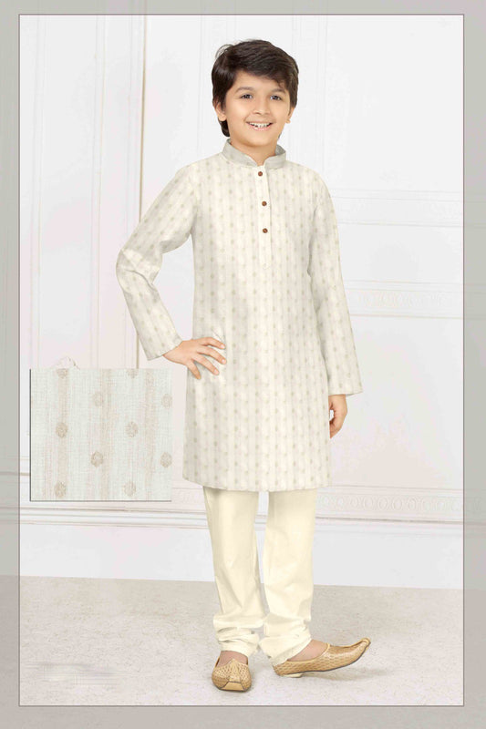 Appealing White Color Poly Blend Cotton Kurta Set With Pajama Pant For Kids