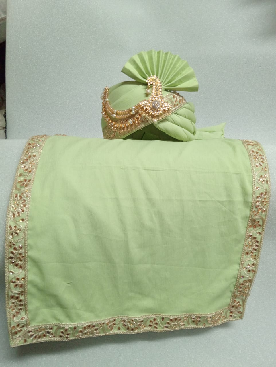 Appealing Light Green Color Designer Wedding Turban With Fancy Dupatta For Men