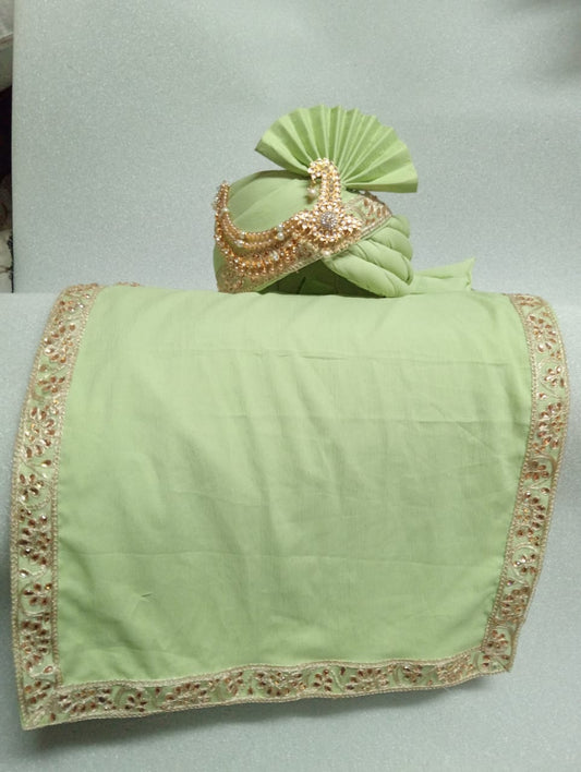 Appealing Light Green Color Designer Wedding Turban With Fancy Dupatta For Men