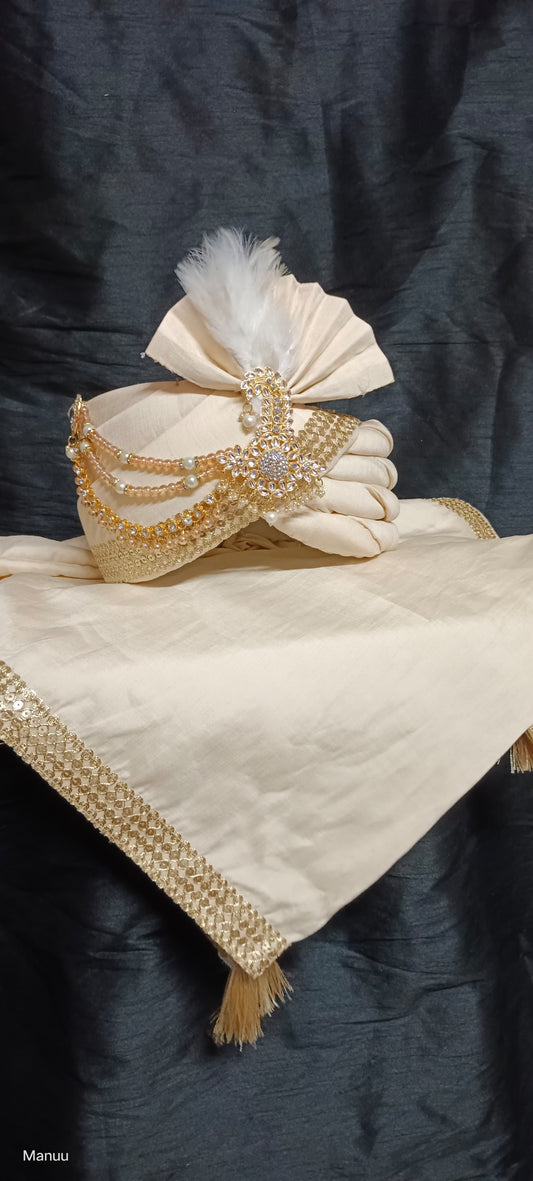 Stylish Cream Color Designer Wedding Turban With Fancy Dupatta For Men