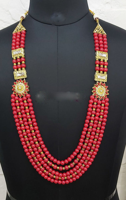 Gorgeous Red Color Floral Design Multi Layered Pearl Beaded Men's Mala