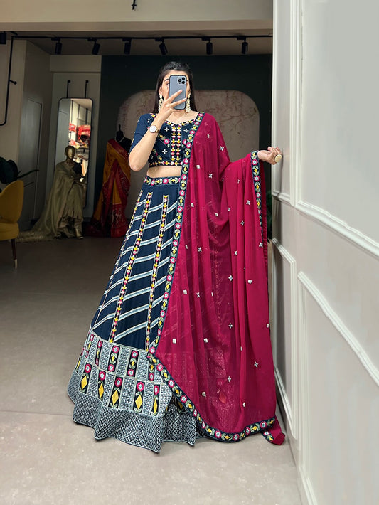 Appealing Teal Blue Color Designer Georgette Sequins Embroidered Lehenga Choli With Embroidery Work Dupatta For Women