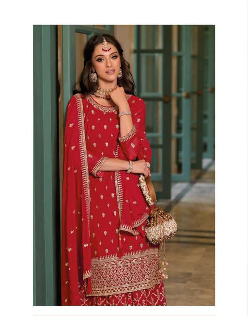 Attractive Red Color Designer Blooming Georgette With Embroided Work Palazzo Suits With Fancy Dupatta Near Me