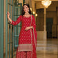 Attractive Red Color Designer Blooming Georgette With Embroided Work Palazzo Suits With Fancy Dupatta