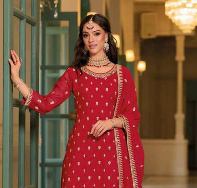 Attractive Red Color Designer Blooming Georgette With Embroided Work Palazzo Suits With Fancy Dupatta In Tempe