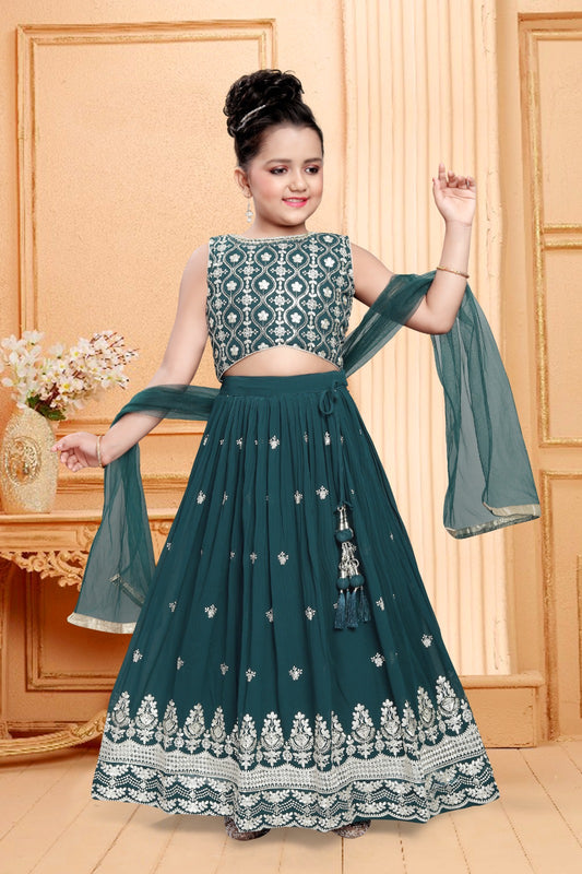 Alluring Teal Green Colored Embroidery Work With Georgette Girls Choli Sets