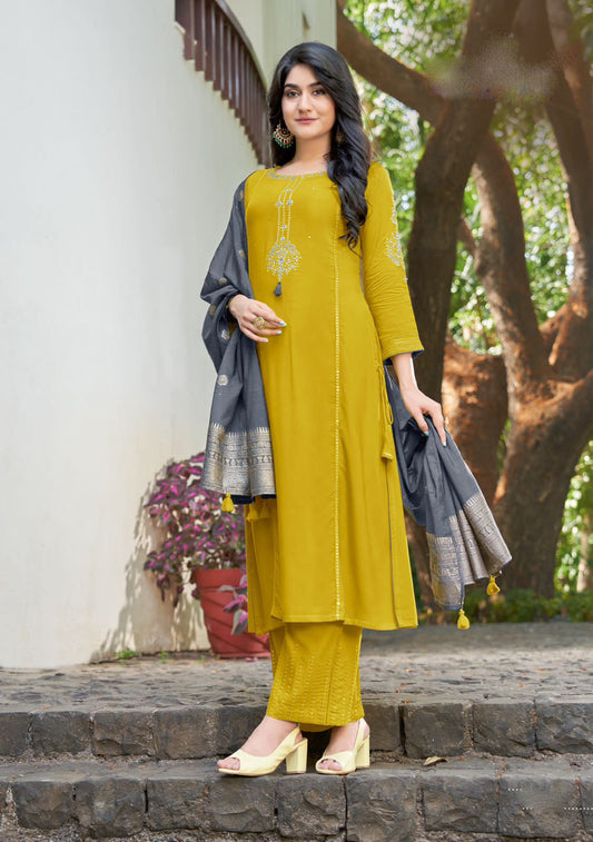 Gorgeous Mustard Yellow Color Heavy Rayon With Embroidery And Handwork Palazzo Suits For Women