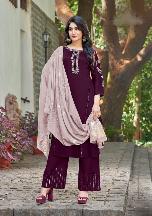 Attractive Violet Color Heavy Rayon With Handwork Embroidery Palazzo Suits With Dupatta For Women