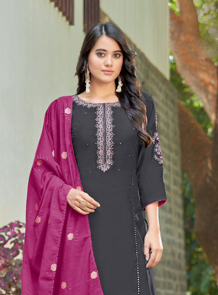 Elegant Black Colored Heavy Rayon With Embroidery And Handwork Palazzo Suits With Dupatta Near Me