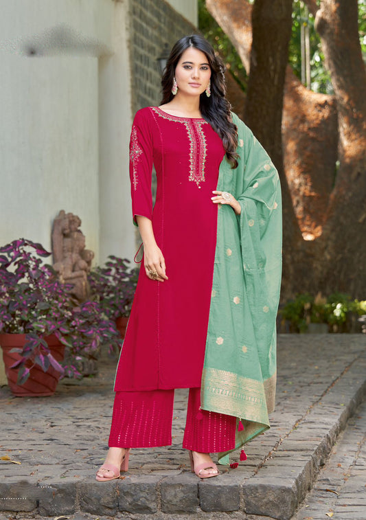 Dazzling Red Colored Heavy Rayon Embroidery Handwork Palazzo Suits With Dupatta For Women