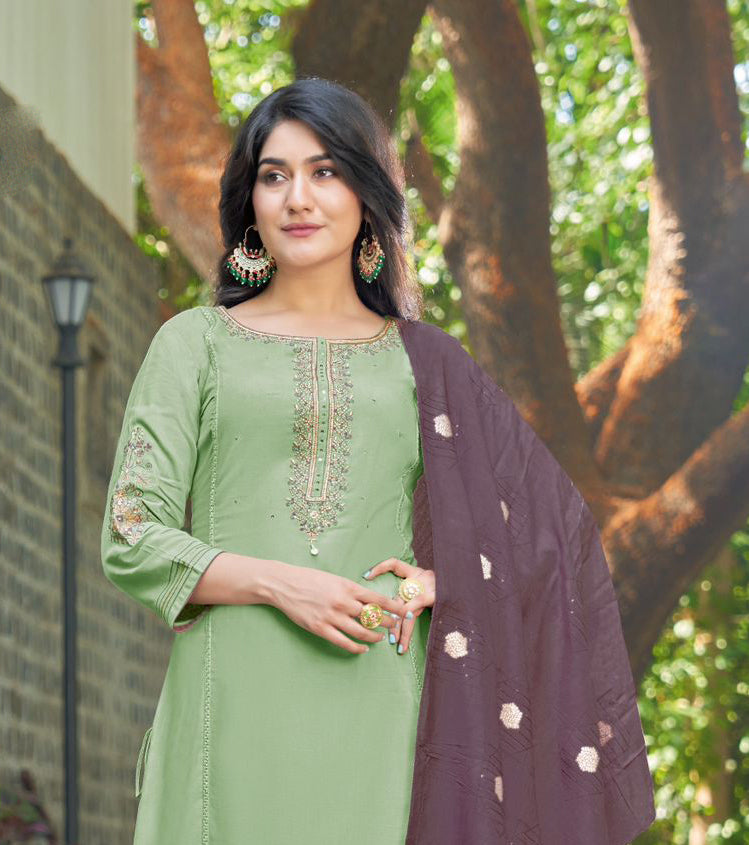 Alluring Pista Green Colored Heavy Rayon With Handwork Embroidery Palazzo Suits For Women Near Me