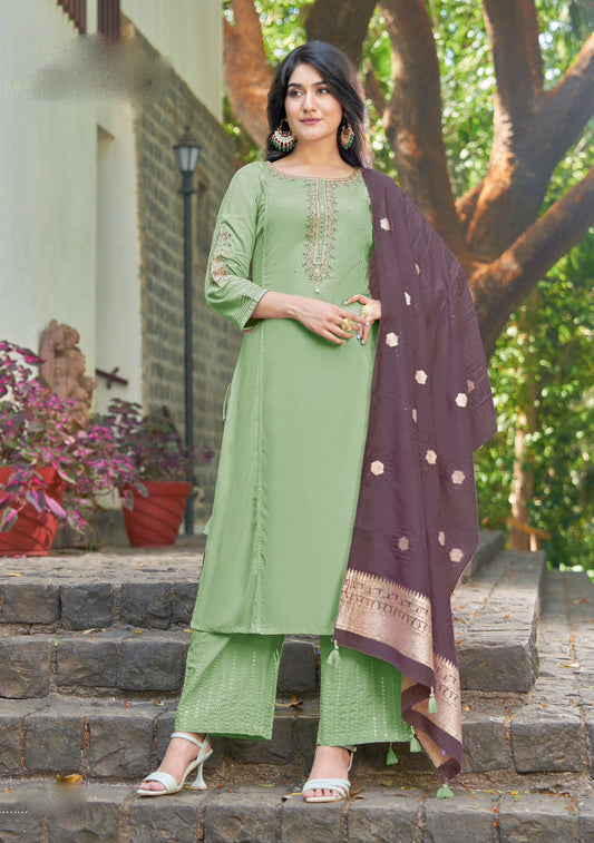Alluring Pista Green Colored Heavy Rayon With Handwork Embroidery Palazzo Suits For Women