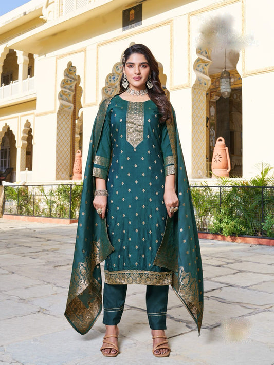 Charming Teal Blue Color Designer Jaquard And Khatli Work Salwar Suits With Dupatta For Women