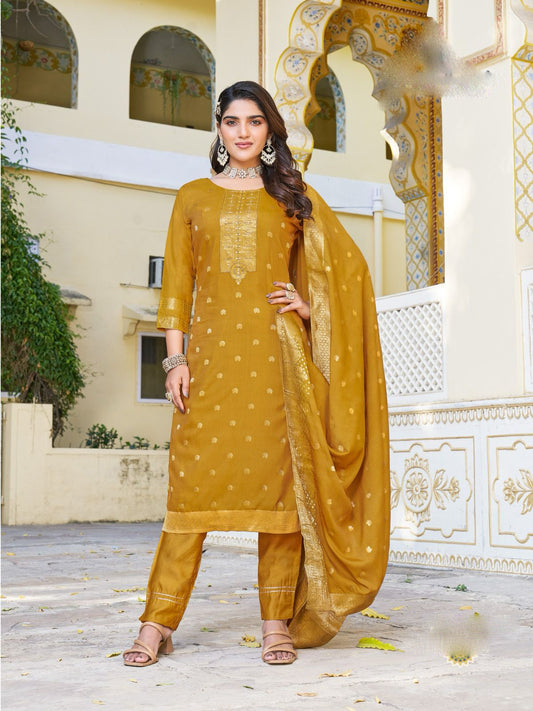 Attractive Mustard Yellow Color Jaquard Salwar Suits With Fancy Dupatta Set For Women