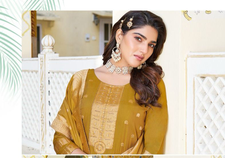 Attractive Mustard Yellow Color Jaquard Salwar Suits With Fancy Dupatta Set For Women Near Me