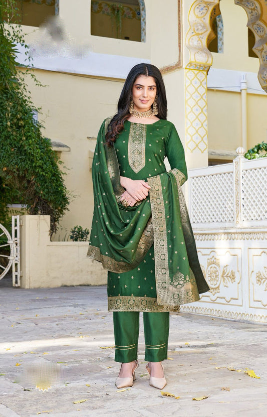 Attractive Green Color Designer Jaquard And Khatli Work Salwar Suits With Dupatta For Women