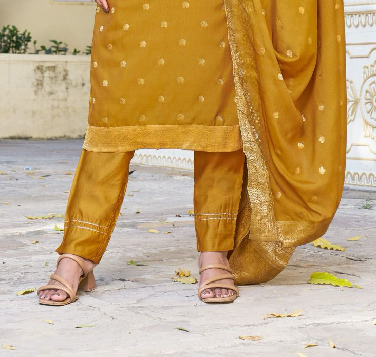 Attractive Mustard Yellow Color Jaquard Salwar Suits With Fancy Dupatta Set For Women In USA