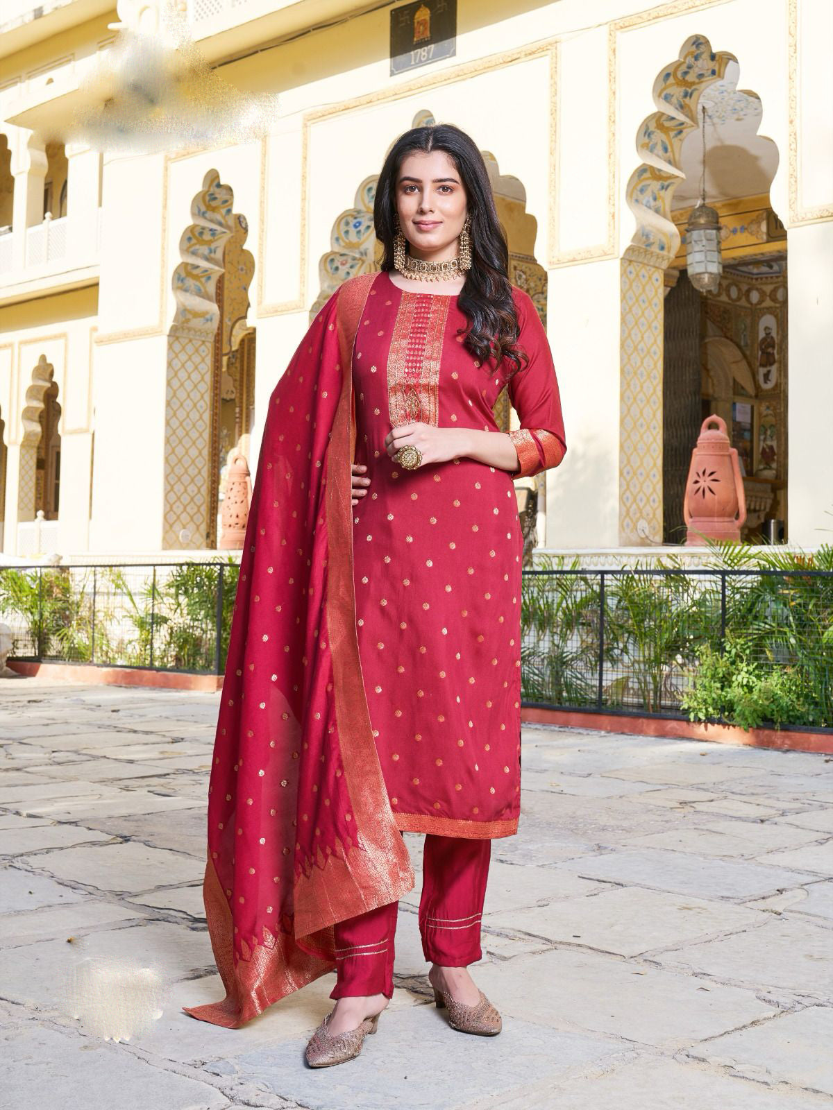 Appealing Pink Color Jaquard And Khatli Work Designer Salwar Suits With Dupatta Set For Women