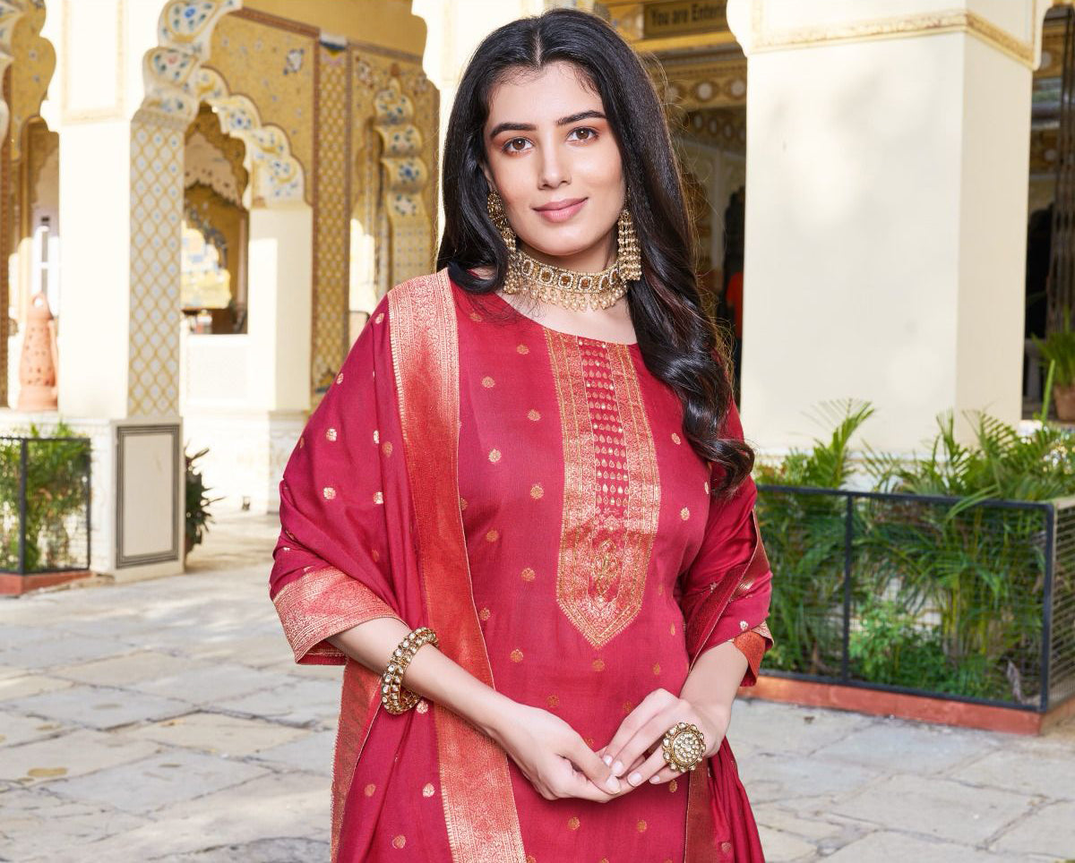 Appealing Pink Color Jaquard And Khatli Work Designer Salwar Suits With Dupatta Set For Women In USA