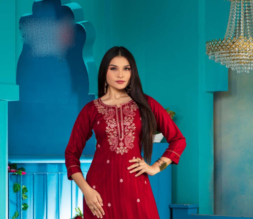 Dazzling Red Color Computer Dori Sequence Embroidery Work A - Line Kurti For Women Near Me