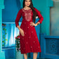 Dazzling Red Color Computer Dori Sequence Embroidery Work A - Line Kurti For Women