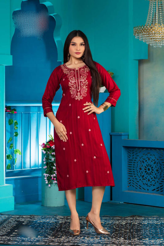 Dazzling Red Color Computer Dori Sequence Embroidery Work A - Line Kurti For Women