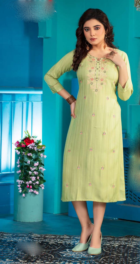 Alluring Light Green Colored A - Line Kurti With Computer Dori Sequence Embroidery Work For Women