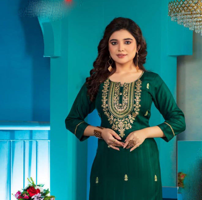Attractive Green Colored Computer Dori Sequence Embroidery Work A - Line Kurti For Women Near Me