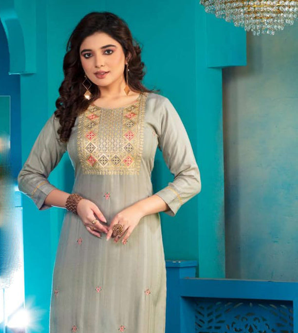 Appealing Grey Colored A - Line Kurti With Computer Dori Sequence Embroidery Work For Women Near Me