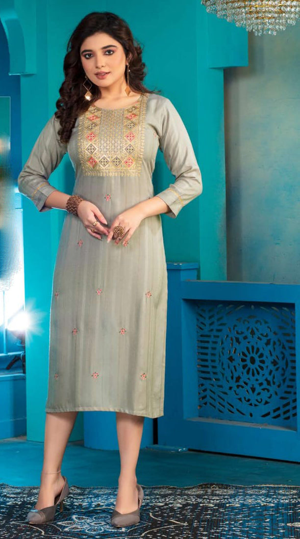 Appealing Grey Colored A - Line Kurti With Computer Dori Sequence Embroidery Work For Women