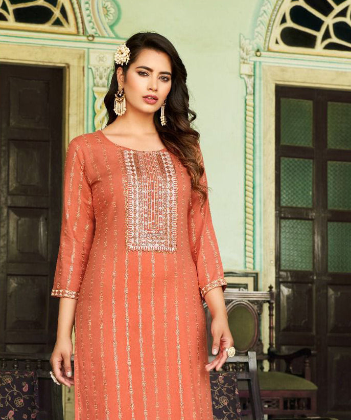 Elegant Orange Colored Rayon Foil Print Designer Kurti With Embroidery Work For Women In Chandler