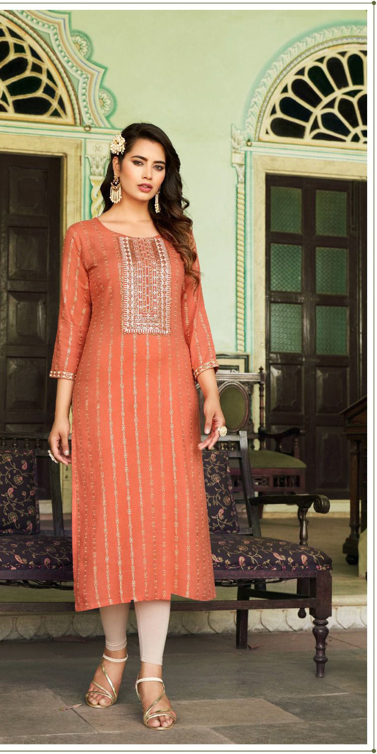 Elegant Orange Colored Rayon Foil Print Designer Kurti With Embroidery Work For Women