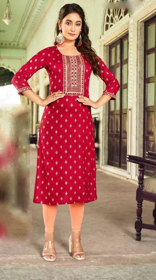 Attractive Red Color Designer Rayon Foil Print Kurti With Embroidery Work For Women
