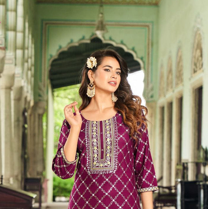 Wonderful Violet Colored Classy Rayon Foil Print With Embroidery Work Kurti For Women Near Me