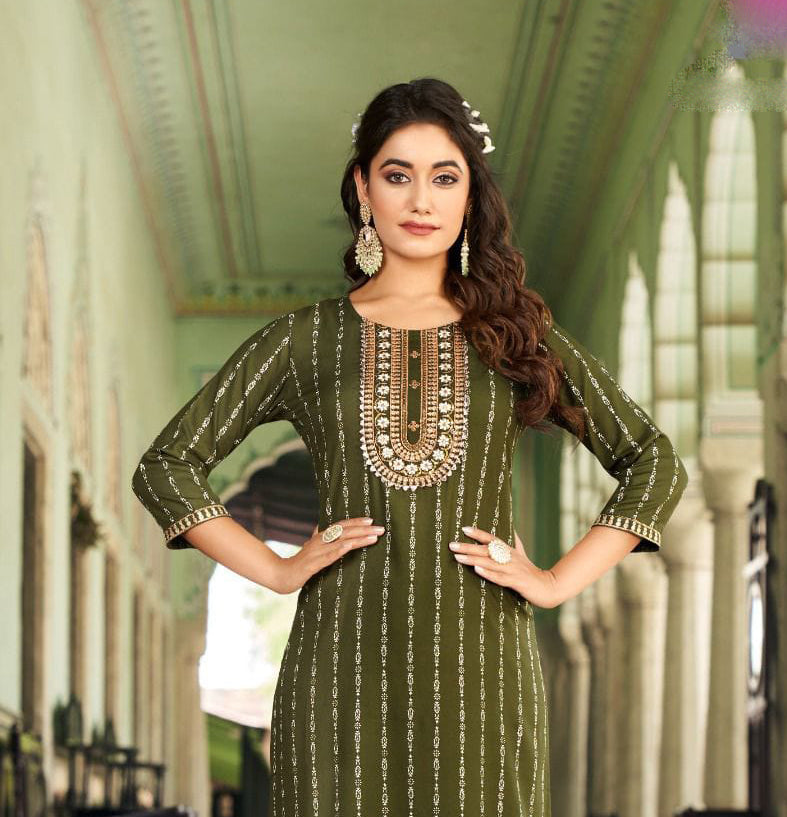 Dazzling Green Colored Classy Rayon Foil Print With Fancy Embroidery Work Kurti For Women Near Me