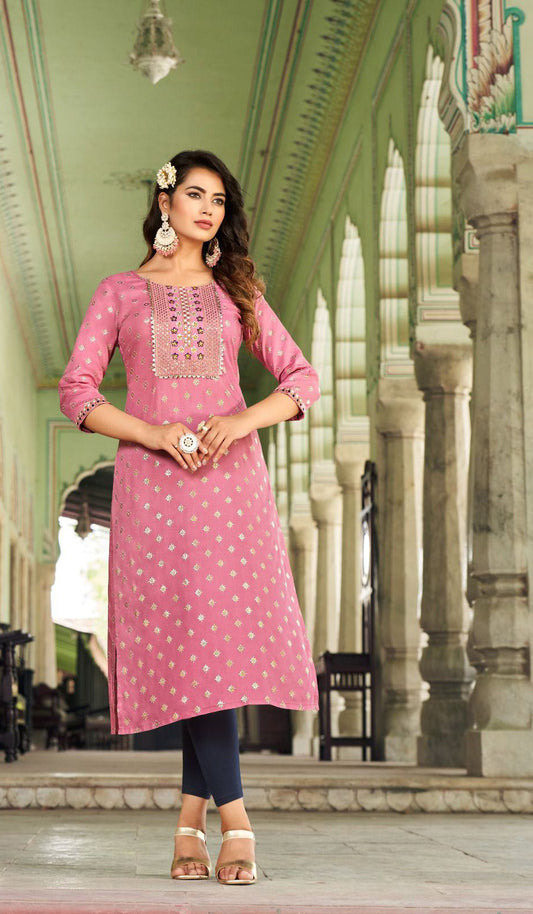 Elegant Light Pink Color Classy Rayon Foil Print With Embroidery Work Kurti For Women