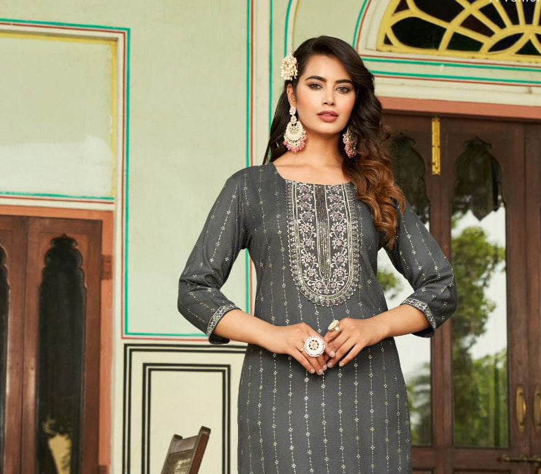 Elegant Grey Color Designer Rayon Foil Print Kurti With Fancy Embroidery Work Near Me