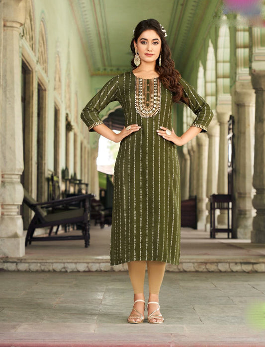 Dazzling Green Colored Classy Rayon Foil Print With Fancy Embroidery Work Kurti For Women
