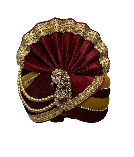 Attractive Traditional Maroon Color Velvet Turbans With Beads For Men