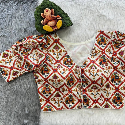 Stunning White Colored Pure Cotton Red Designed Ready To Wear Blouse With Patola Print