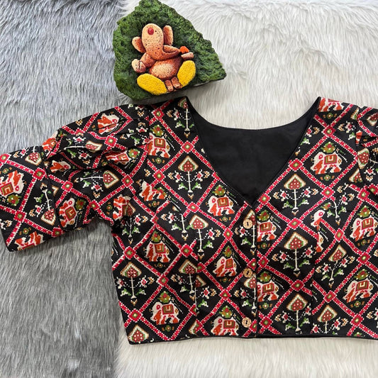 Gorgeous Black Colored Half Sleeves Ready To Wear Blouse With Patola Print