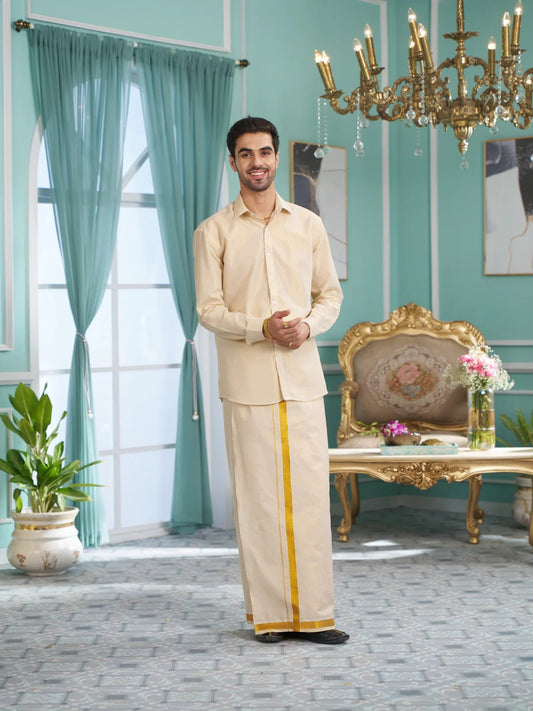 Gorgeous Mens Tissue Zari Shirt With Golden Zari Dhoti