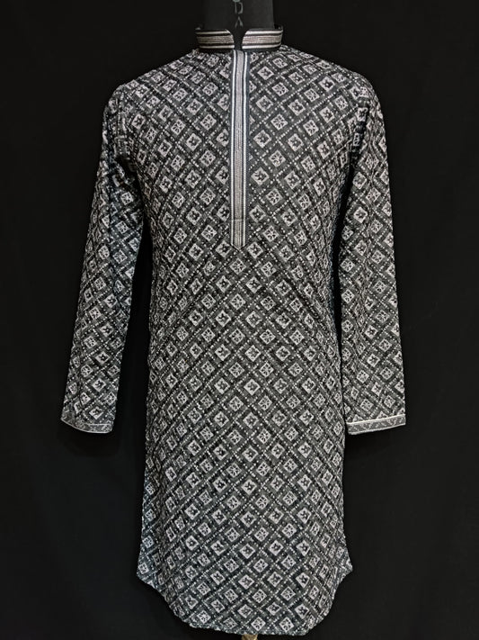 Attractive Black Color Rayon With Siffly Print Kurta Suits For Men