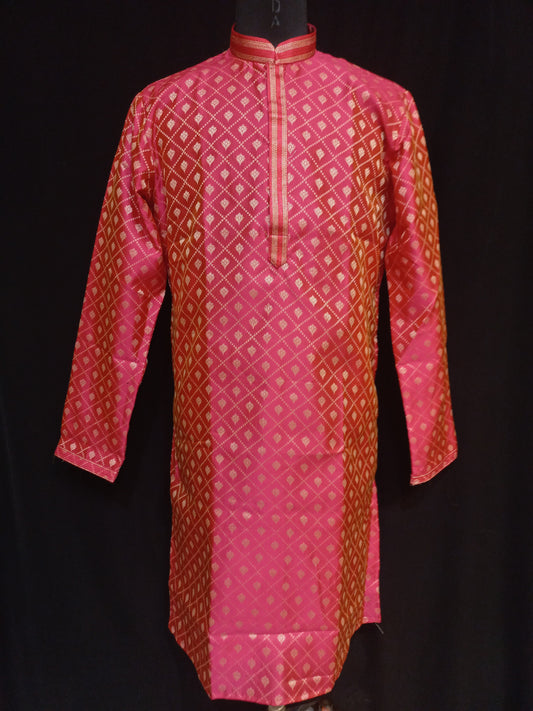 Attractive Rani Pink Color Banarasi Zari Brocade With Linning Kurta Suits For Men