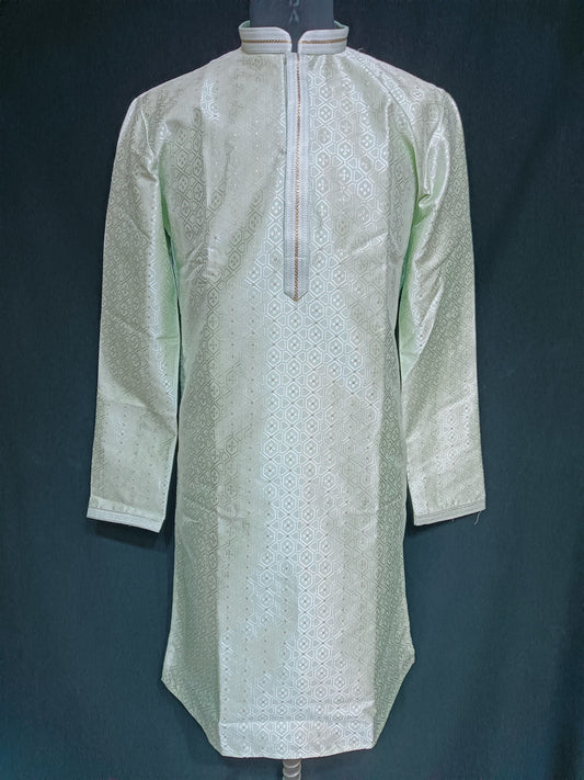 Dazzling Pista Green Color Banarasi Brocade Silver Zari With Linning Kurta Suits For Men