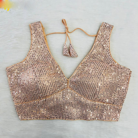 Dazzling Peach Color Party Wear Sequins Work Readymade Blouse For Women